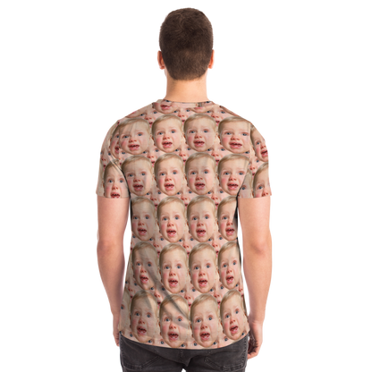  Back view of male model wearing custom baby face t-shirt, emphasizing the full-coverage custom print.