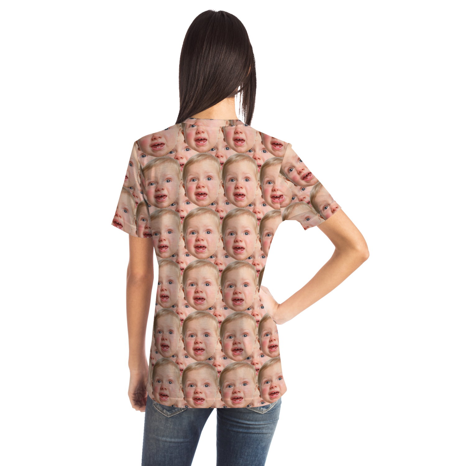 Back view of female model wearing custom baby face t-shirt, showcasing sleeve length and fit.