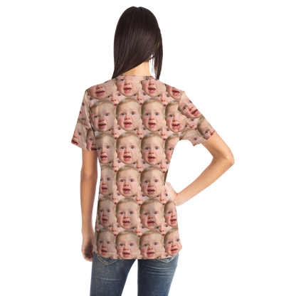 Back view of female model wearing custom baby face t-shirt, showcasing sleeve length and fit.