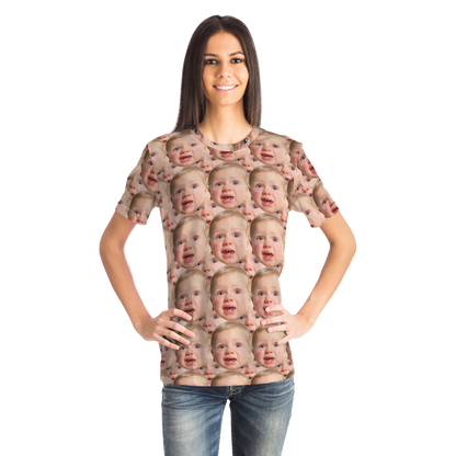 Female model posing with hands on hips in custom baby face t-shirt, highlighting the overall look.