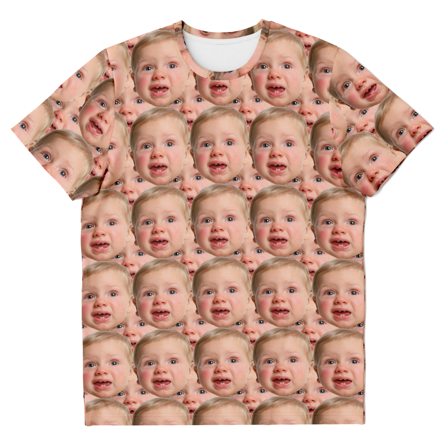 Front flat lay view of custom baby face t-shirt showing all-over high-definition personalized print.