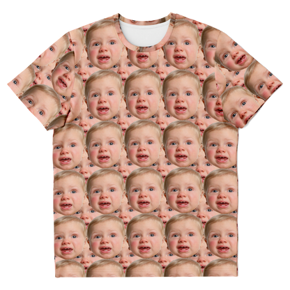 Front flat lay view of custom baby face t-shirt showing all-over high-definition personalized print.