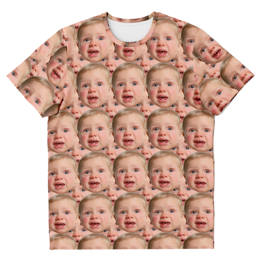 Front flat lay view of custom baby face t-shirt showing all-over high-definition personalized print.