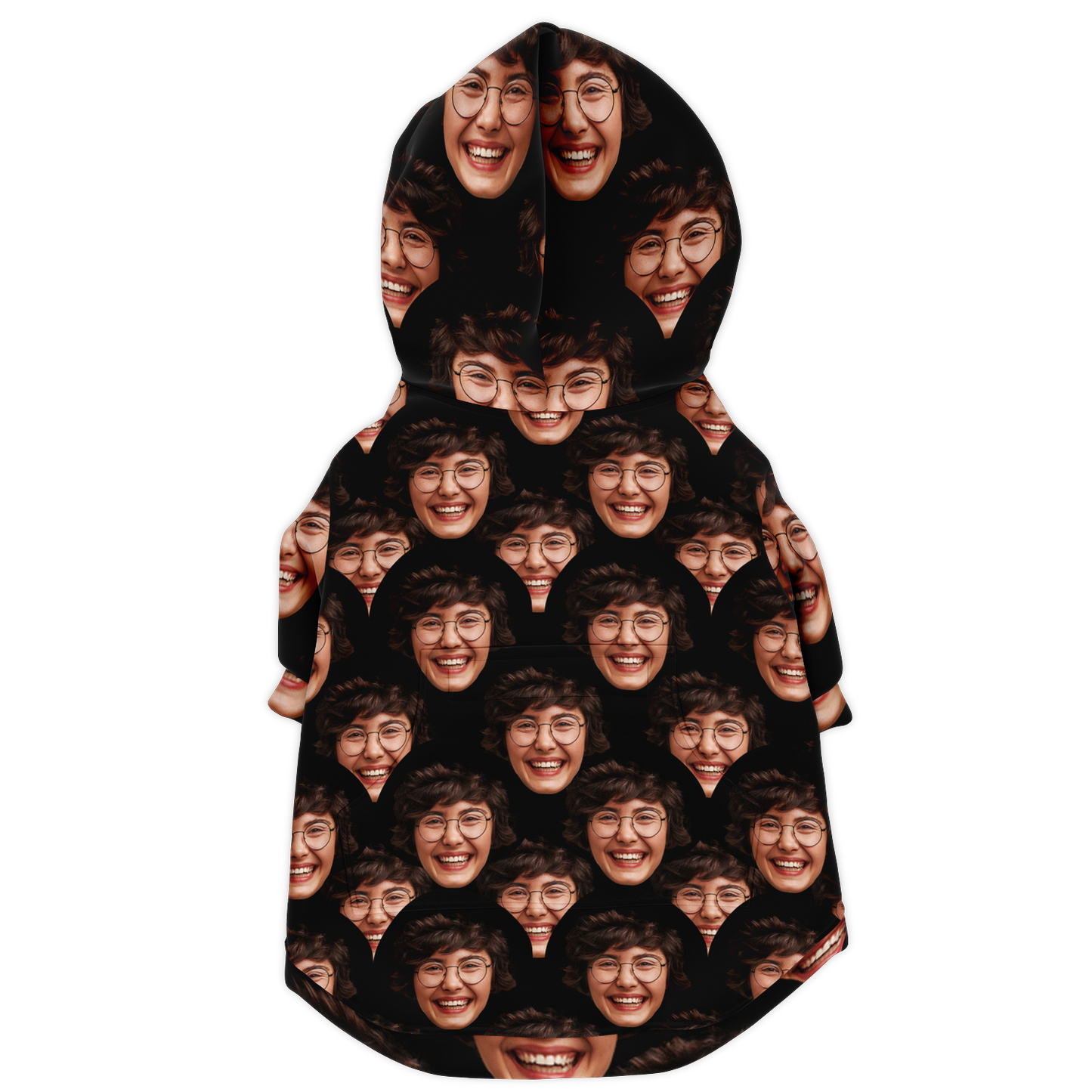 Flat back view of custom dog hoodie featuring face print