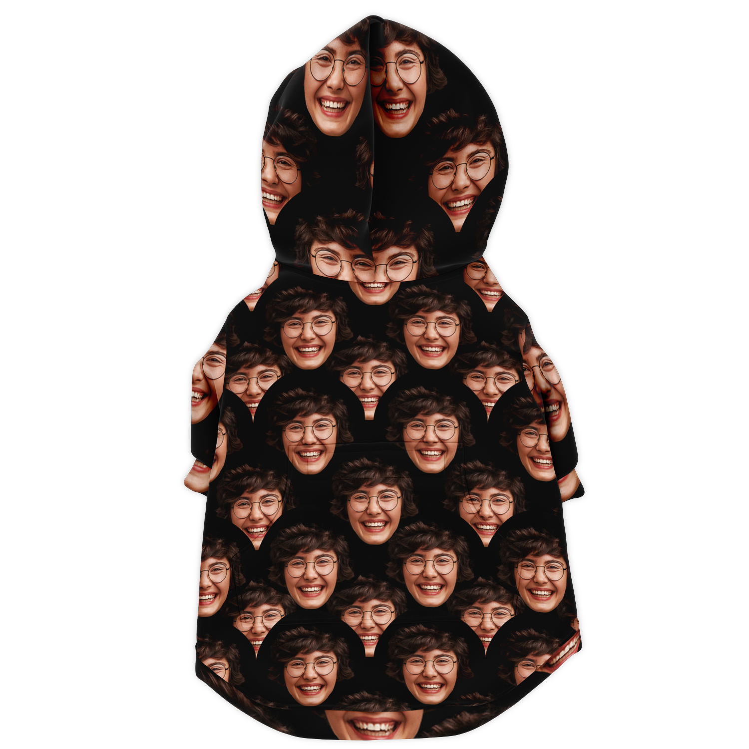 Flat back view of custom dog hoodie featuring face print