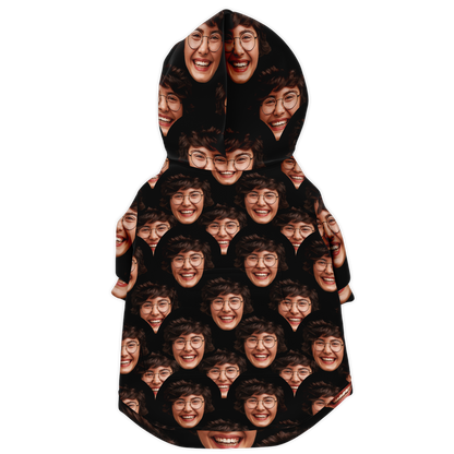 Flat back view of custom dog hoodie featuring face print
