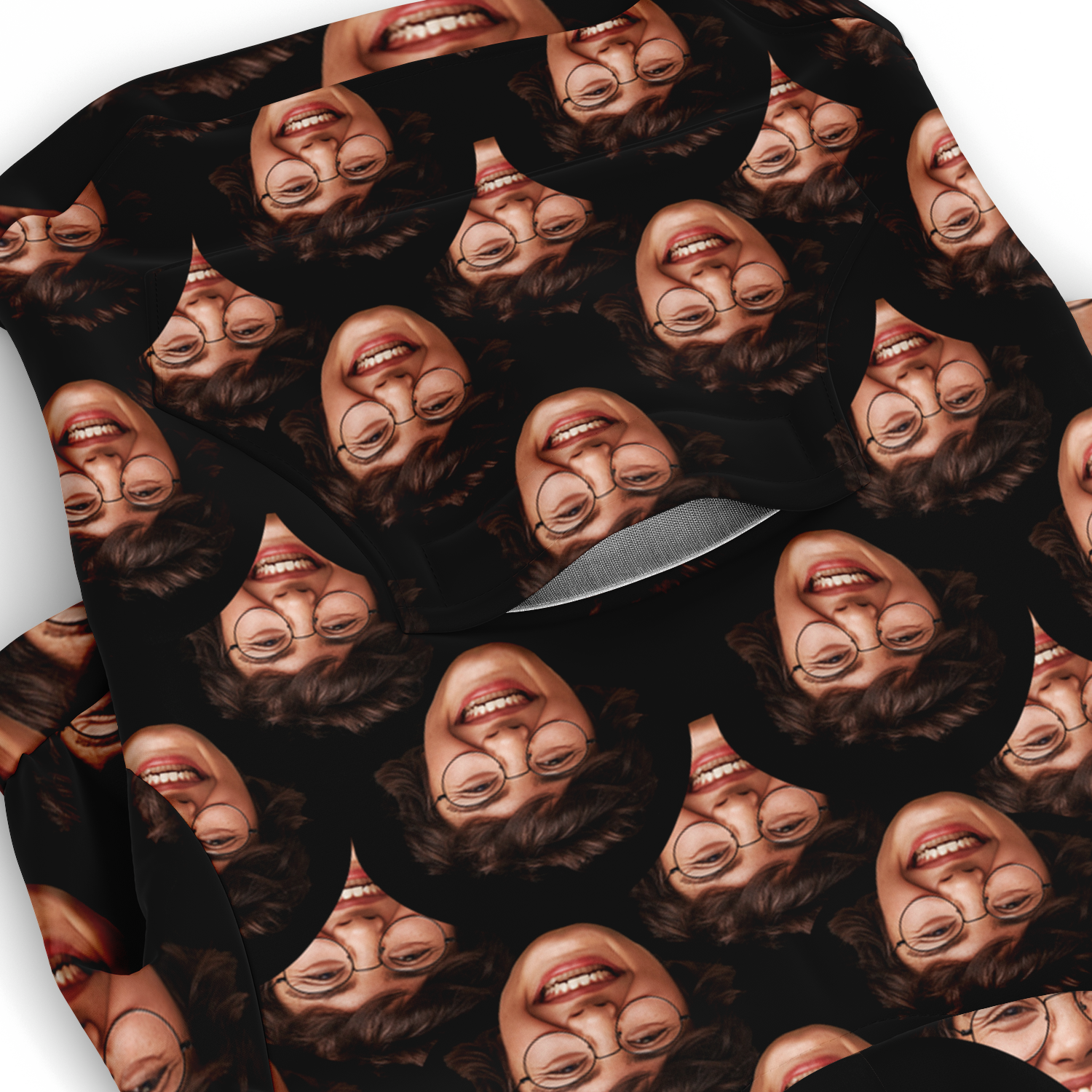 Close-up of printed dog face design on custom dog hoodie fabric