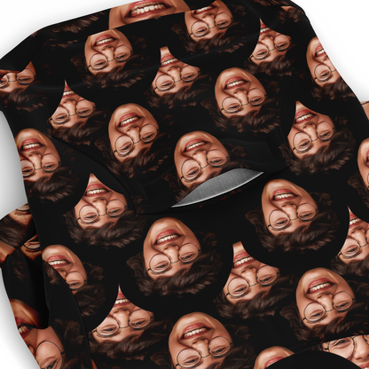 Close-up of printed dog face design on custom dog hoodie fabric