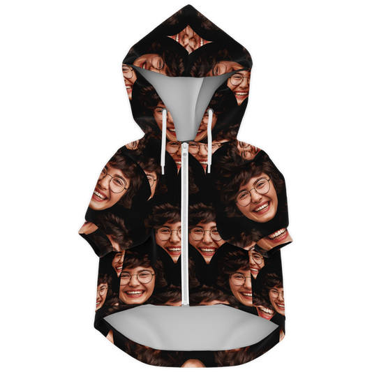 Custom dog hoodie with printed face  front flat lay view

