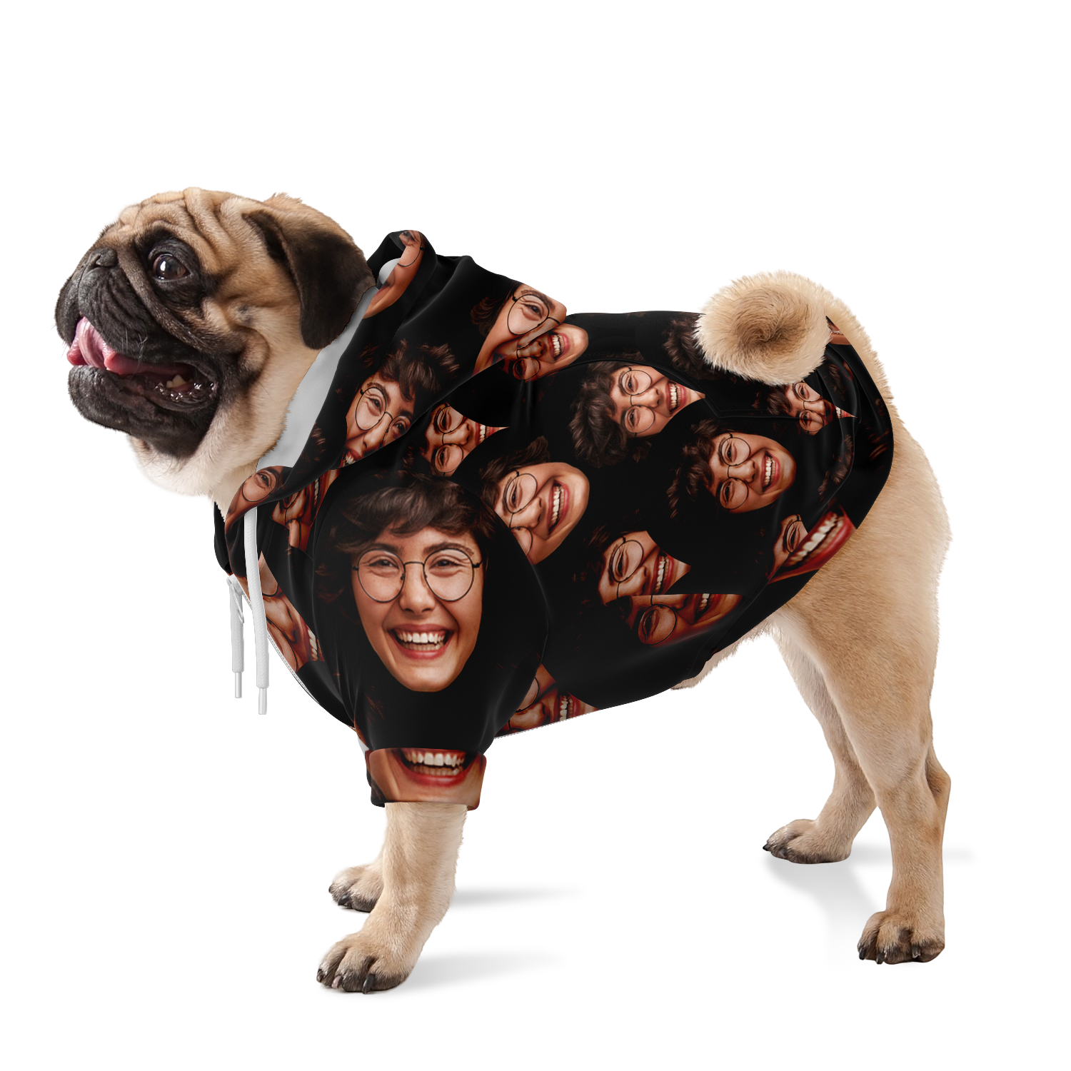 Side view of custom dog hoodie with repeated human face print — standing pose