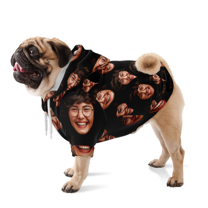 Side view of custom dog hoodie with repeated human face print — standing pose