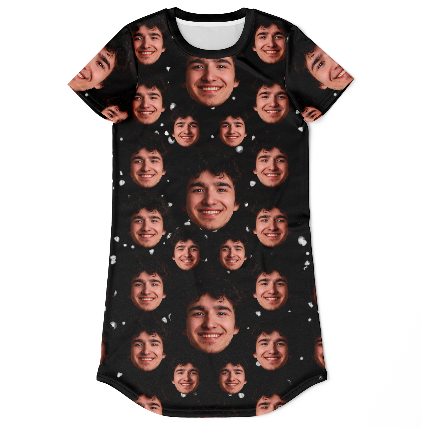  Custom t-shirt dress with face print, shown flat from the front for your own image upload