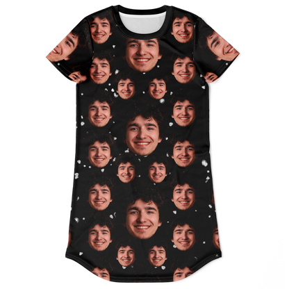  Custom t-shirt dress with face print, shown flat from the front for your own image upload