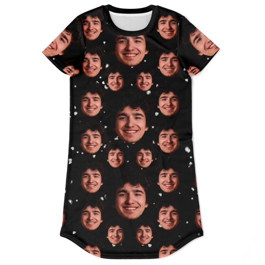  Custom t-shirt dress with face print, shown flat from the front for your own image upload