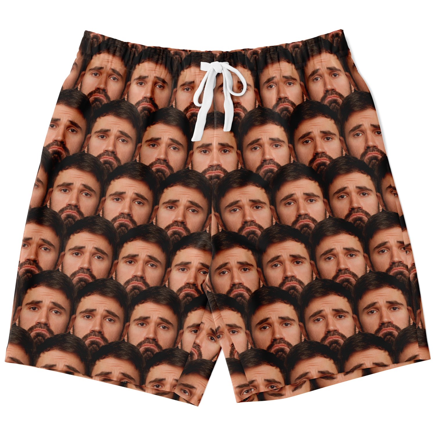 Front flat lay of shorts featuring a high-definition custom face print and adjustable white drawstring.