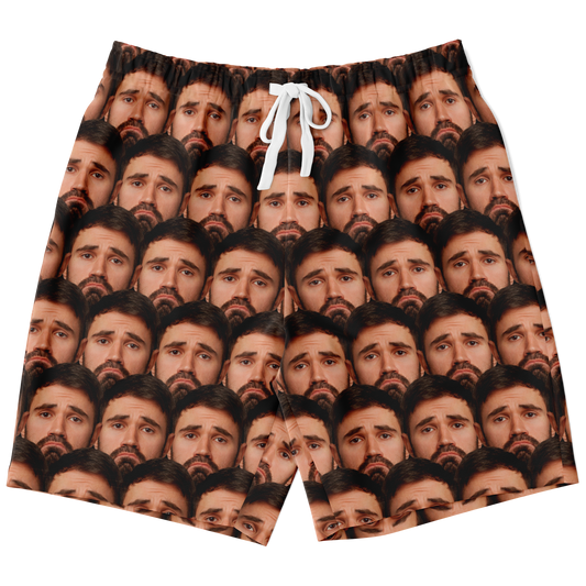 Front flat lay of shorts featuring a high-definition custom face print and adjustable white drawstring.