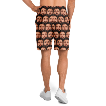 Side pose profile of model in custom shorts, highlighting comfort and bold personalized print.