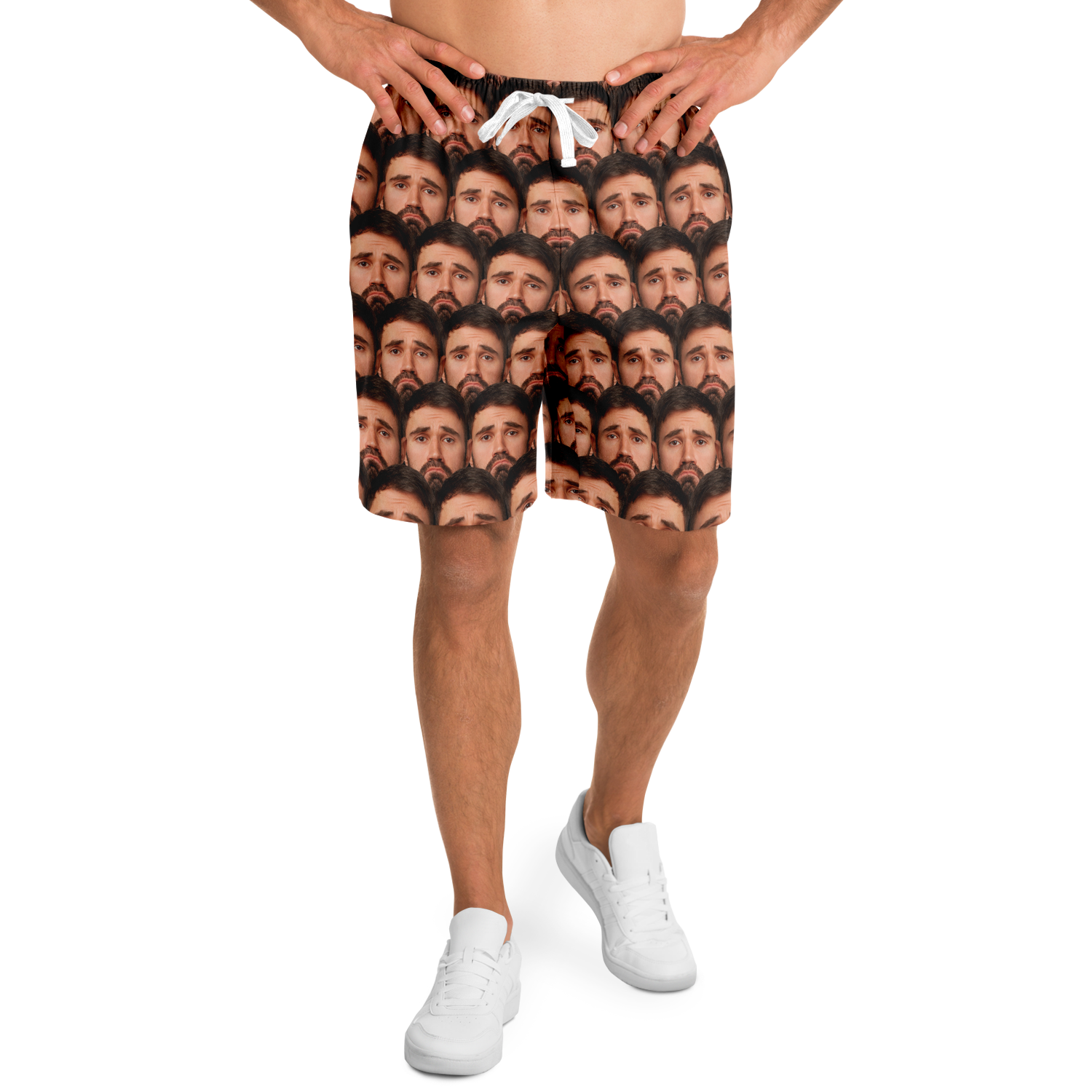  Front view of model wearing custom face print shorts, showcasing relaxed fit and vivid print.