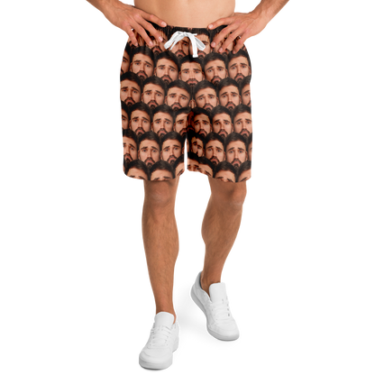  Front view of model wearing custom face print shorts, showcasing relaxed fit and vivid print.
