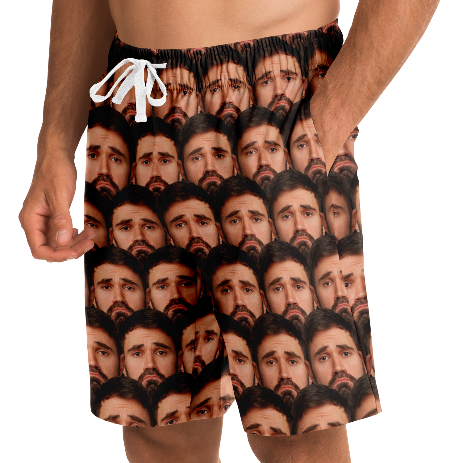 Side view of model wearing custom face print shorts with hand in pocket, highlighting fit and detailed personalized design.