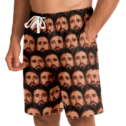 Side view of model wearing custom face print shorts with hand in pocket, highlighting fit and detailed personalized design.