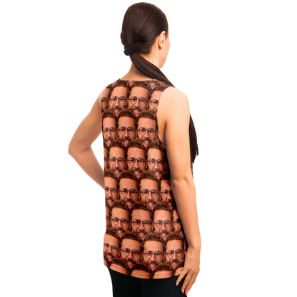 Woman modeling custom tank top with user-uploaded face print, angled back view