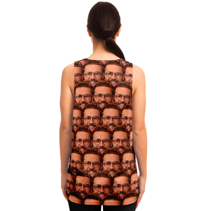 Back view of woman in custom face print tank top featuring personalized user artwork