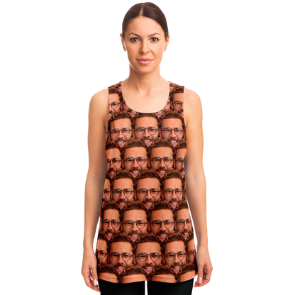 Woman wearing custom tank top with face design submitted by customer, front view