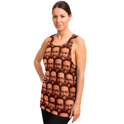 Side pose of woman wearing customizable face print tank top designed by customer