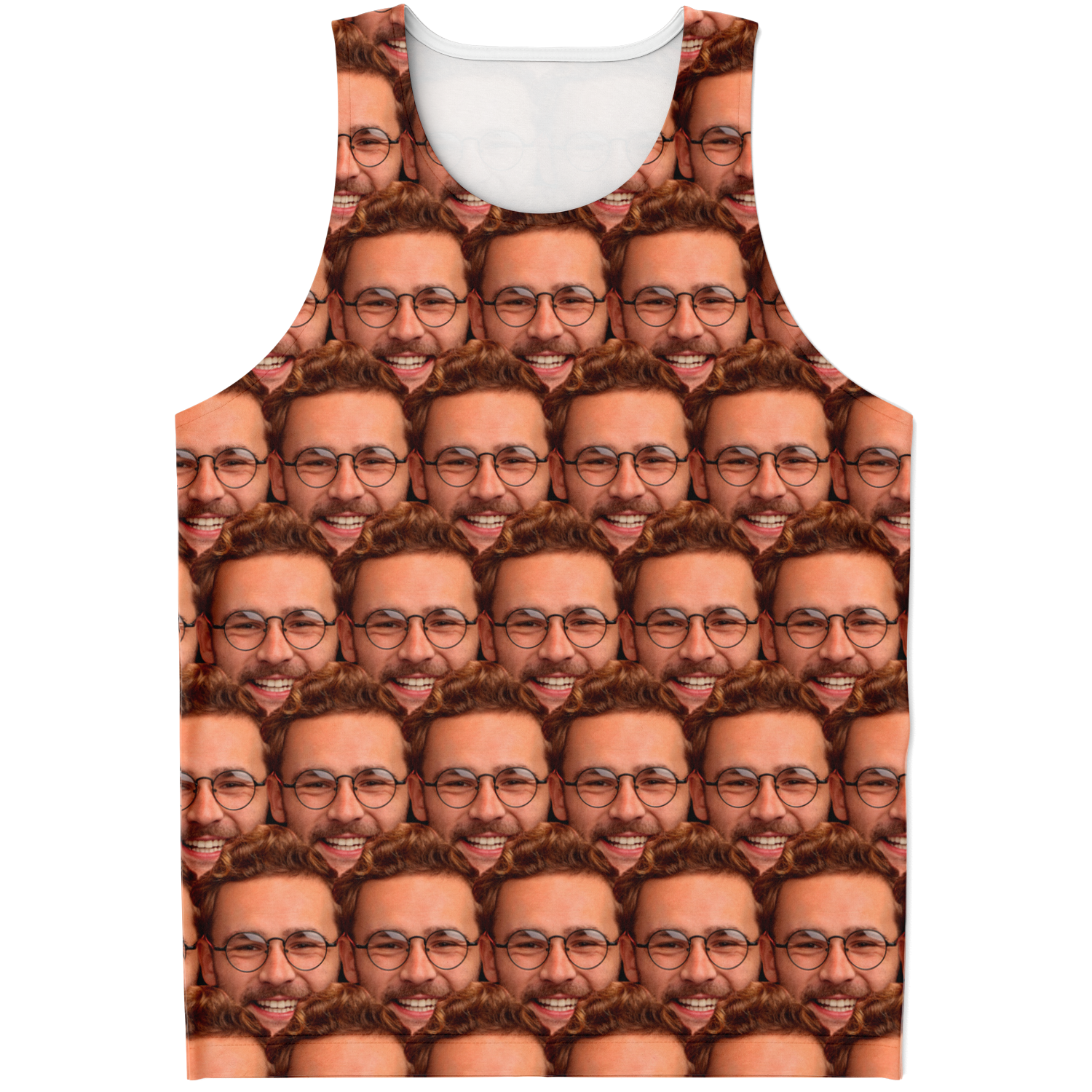 Custom face print tank top featuring user-submitted face design, front flat lay view