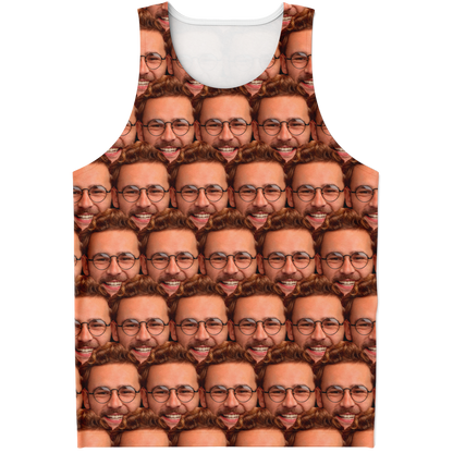 Custom face print tank top featuring user-submitted face design, front flat lay view