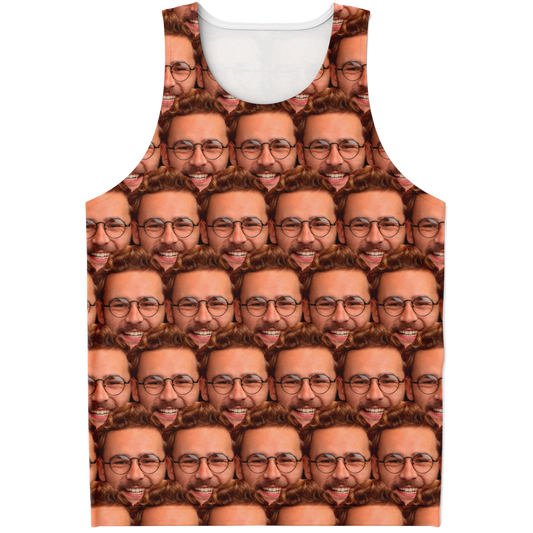 Custom face print tank top featuring user-submitted face design, front flat lay view
