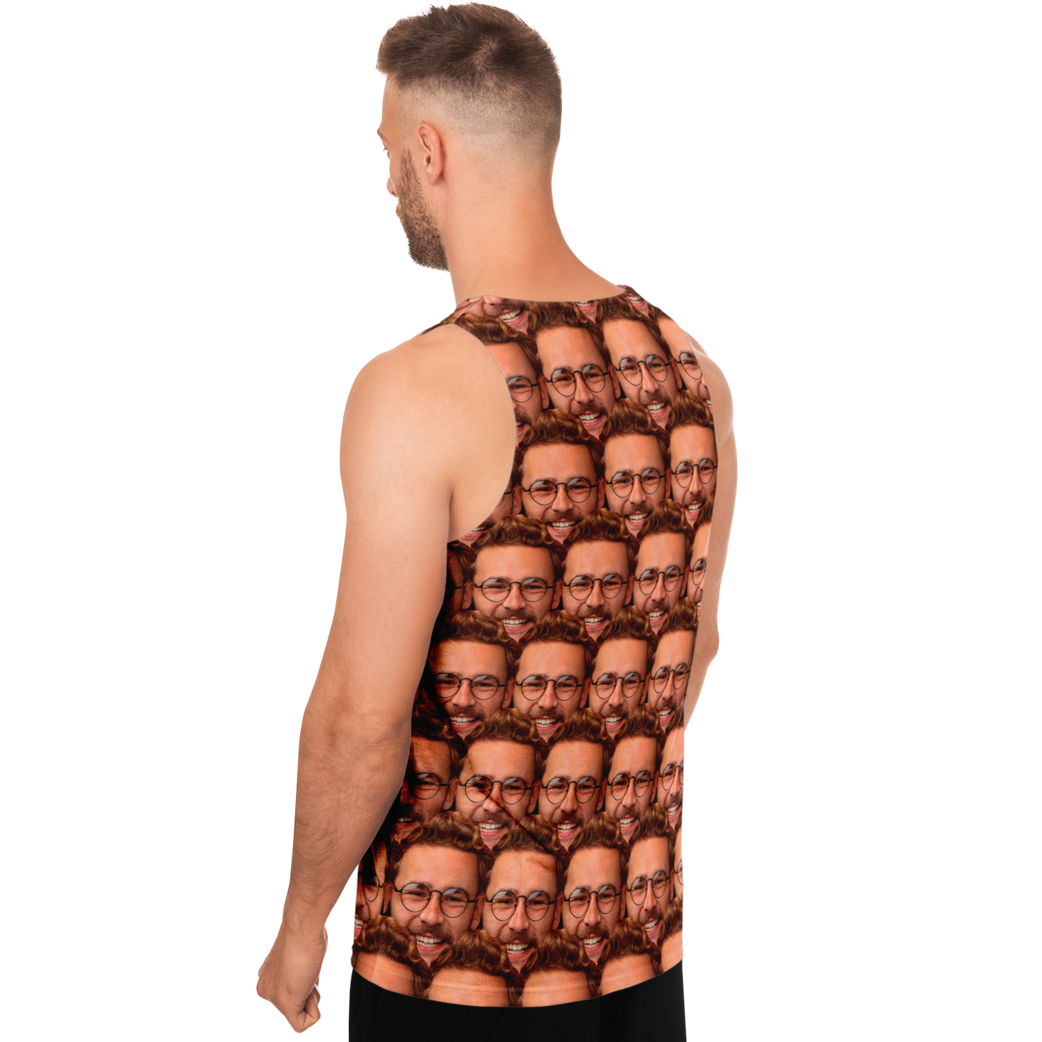 Angled back view of man wearing custom face print tank top designed with user-submitted photo