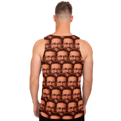 Back view of man wearing custom tank top with face collage created from user photo