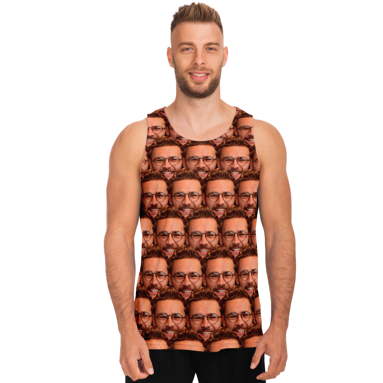  Front view of man wearing custom face print tank top with photo submitted by user