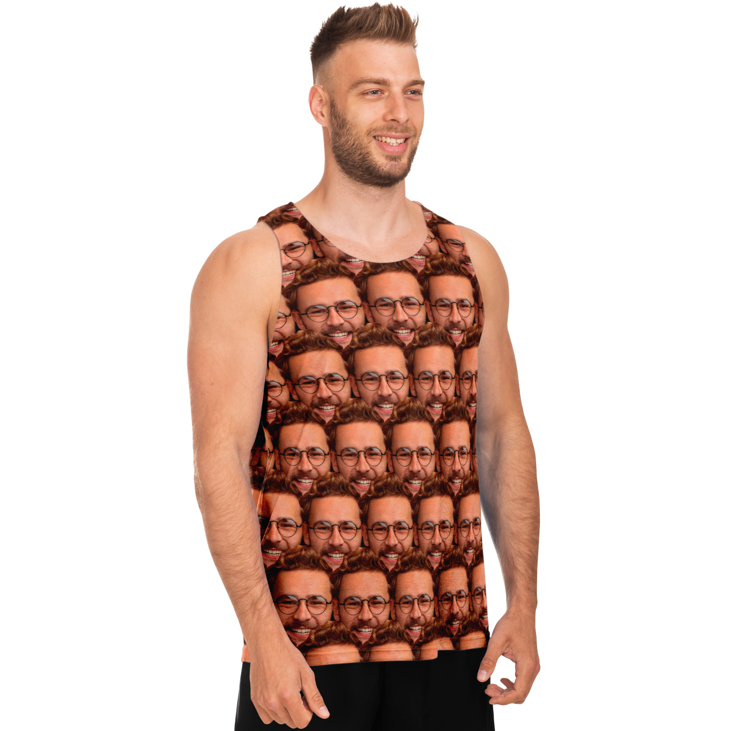 Side view of man in personalized face print tank top designed by customer