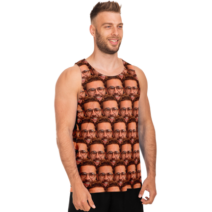 Side view of man in personalized face print tank top designed by customer