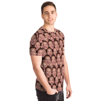 Man wearing custom face print t-shirt, angled side pose