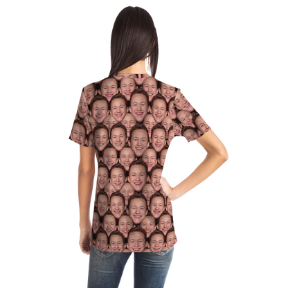 Woman modeling custom face print t-shirt, back view