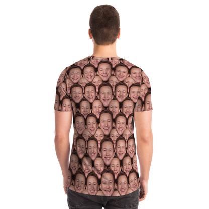 Man modeling custom face print t-shirt, back view