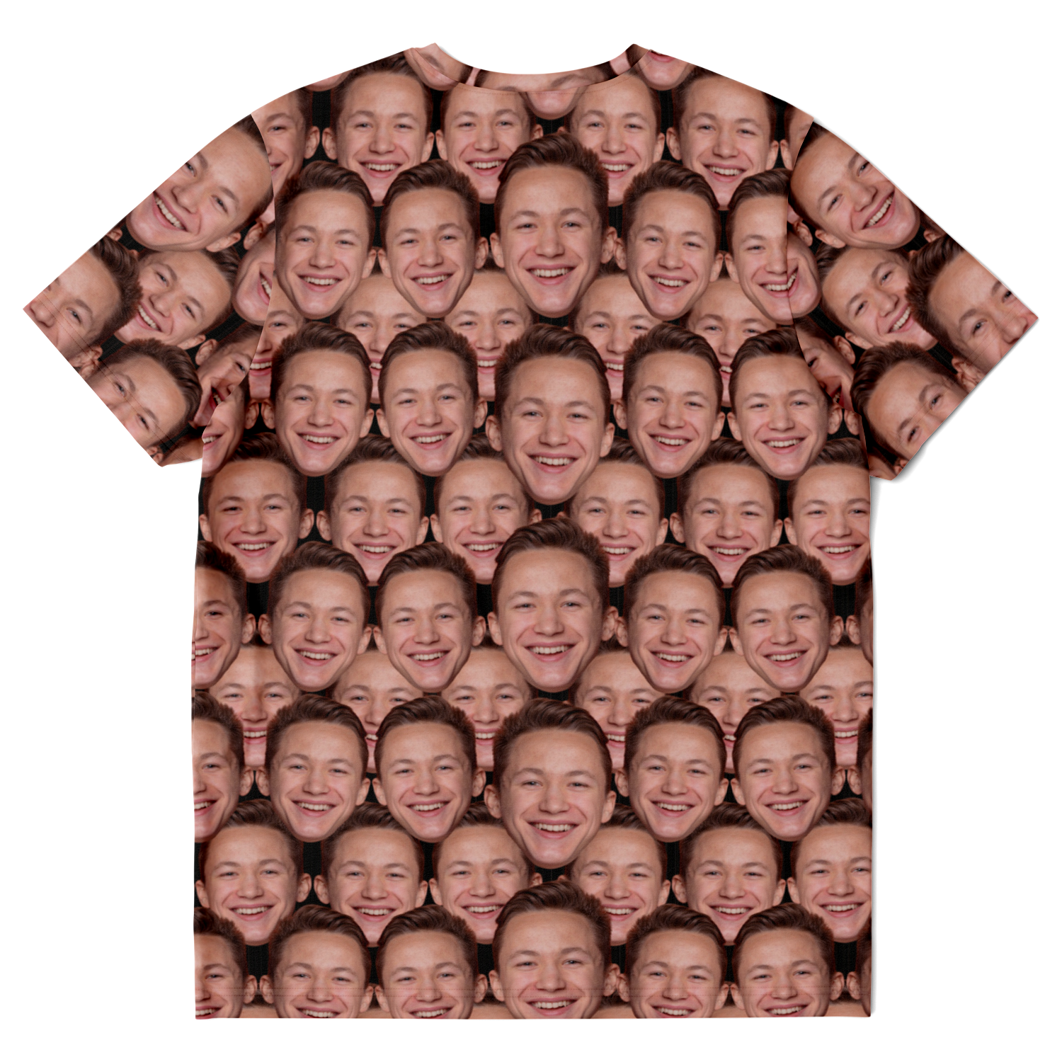 Custom face print t-shirt with repeated face pattern, back flat lay view