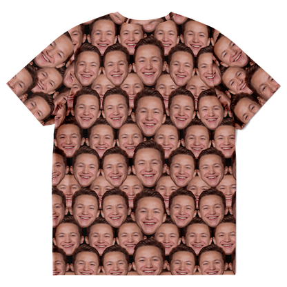 Custom face print t-shirt with repeated face pattern, back flat lay view