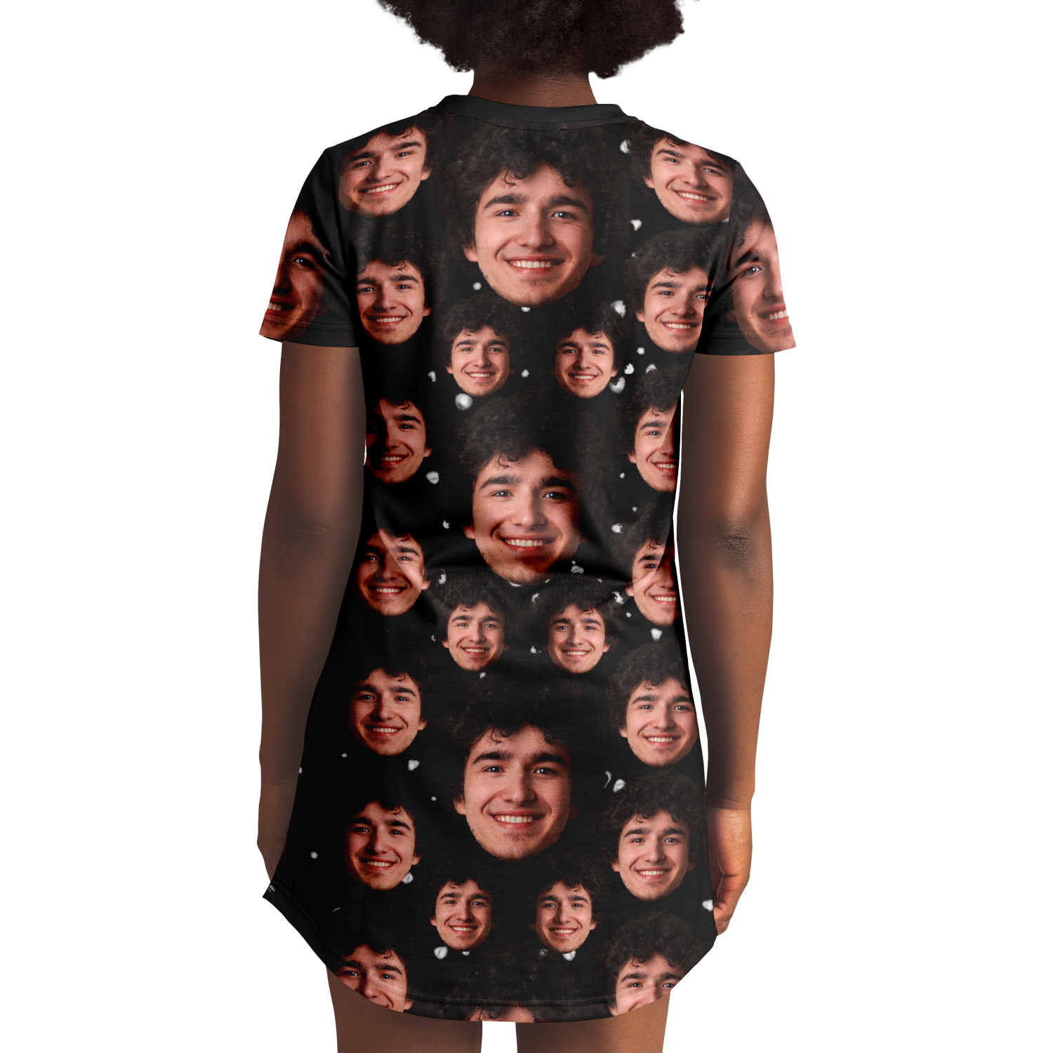 Back view of woman wearing custom face print t-shirt dress