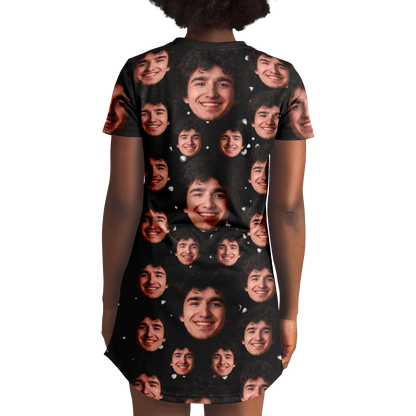 Back view of woman wearing custom face print t-shirt dress