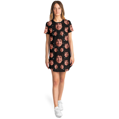 Front view of woman wearing black t-shirt dress featuring your custom face print