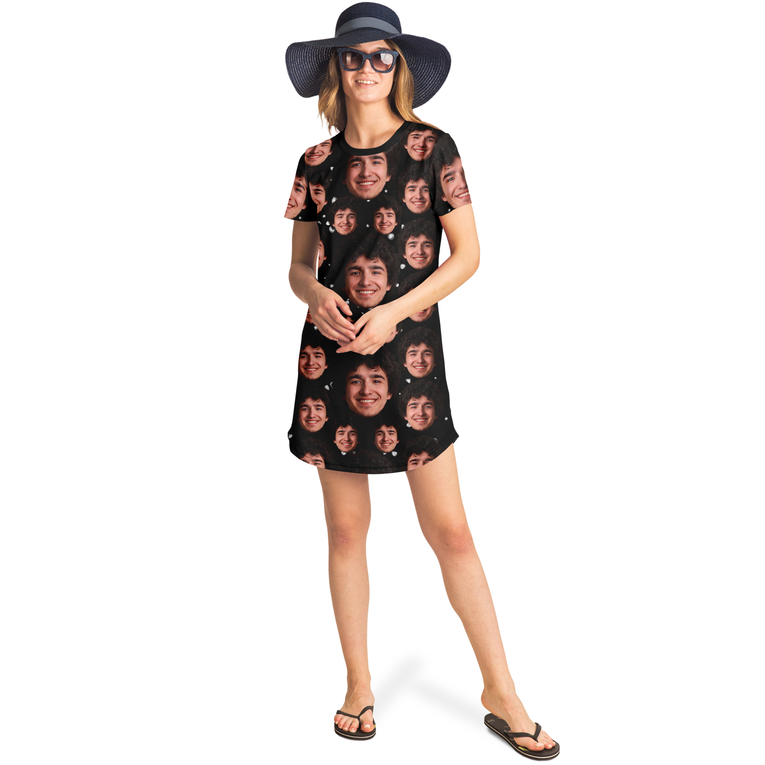 Woman wearing custom face print t-shirt dress and hat, full-body front view