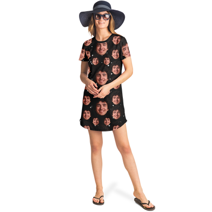 Woman wearing custom face print t-shirt dress and hat, full-body front view