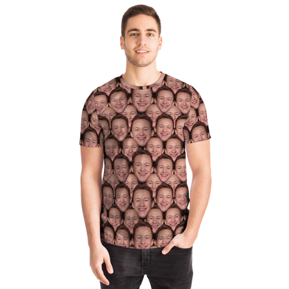 Man modeling custom face print t-shirt, front view