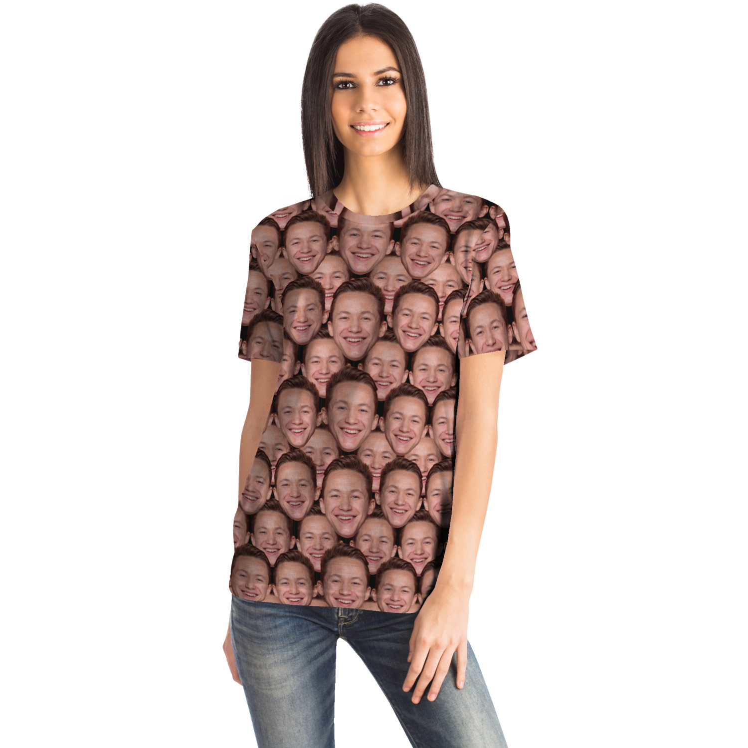 Woman wearing custom face print t-shirt, side view