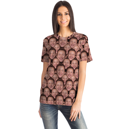 Woman wearing custom face print t-shirt, side view